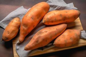 stock photo of sweet potato in kitchen table flat lay AI Generated