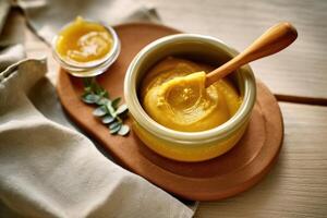stock photo of mustard paste in kitchen table flat lay