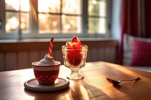 red light sundae in the kitchen table Food Photography photo