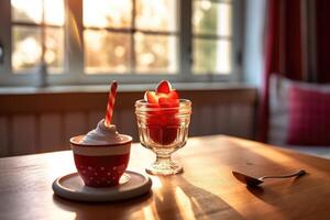 red light sundae in the kitchen table Food Photography AI Generated photo