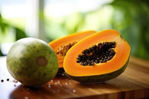 papayas Fruta en el cocina mesa comida fotografía ai generado foto