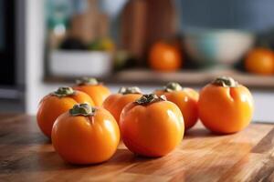 persimmons fruit in The kitchen table Food Photography AI Generated photo