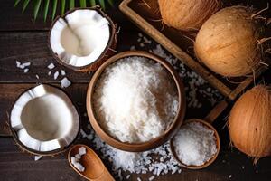 stock photo of grated coconut in kitchen table flat lay AI Generated