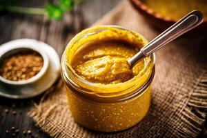 stock photo of mustard paste in kitchen table flat lay