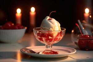 red light sundae in the kitchen table Food Photography photo