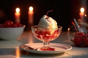 red light sundae in the kitchen table Food Photography AI Generated photo