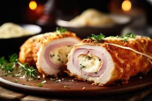 chicken cordon bleu in The kitchen table Food Photography AI Generated photo