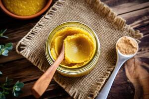 stock photo of mustard paste in kitchen table flat lay