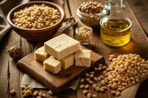 stock photo raw tempeh soybean in kitchen table flat AI Generated