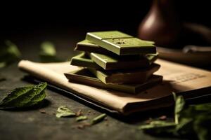 green tea chocolate bar in The kitchen table Food Photography AI Generated photo