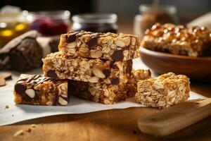 granola bars in the kitchen table Food Photography AI Generated photo