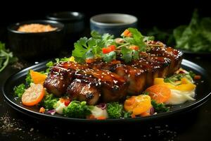 A delicious crispy pork belly fancy on plate. Restaurant food and asian cuisine concept by AI Generated photo