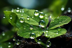 macro Disparo de verde hojas con agua gotas, Rocío o lluvia soltar en a ellos. verde hoja naturaleza bosque concepto por ai generado foto