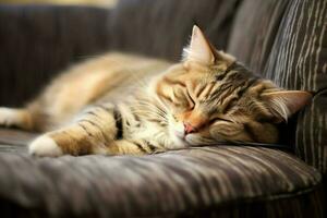 Cute cat sleeping or resting on the sofa at home. Lazy cat sleeping on the sofa. Cat day concept by AI Generated photo