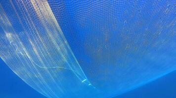 fångad fisk i netto hängande från båt under hav video
