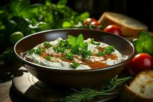 A delicious tomato soup food in a bowl. Winter food and healthy protein soup meal concept by AI Generated photo