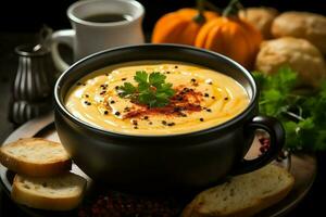 A delicious pumpkin soup food cream in a bowl. Winter food and high healthy soup meal concept by AI Generated photo