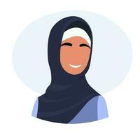 Arab Woman Face Covered with Hijab. Muslim woman. Muslim Girl Avatar. Avatar icon in flat style. Smiling girl in a scarf. Isolated vector illustration