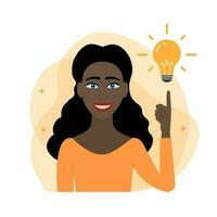 Young black woman and lamp bulb. In a flat style on the theme of inspiration with an idea. Vector illustration.