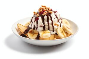 A delicious Banana split ice cream dessert with chocolate syrup. Banana split ice cream dessert by photo