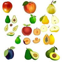 Raspberries, strawberries, currants and blueberries. Lemon, peach, apple, pear, orange watermelon avocado and melon set Vector illustration berries and fruits in cartoon style.