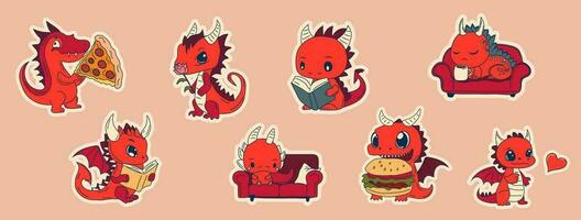 Set of Vector Stock Illustration isolated Emoji characters cartoon dragon dinosaur laughs sticker emoticon for site, info graphics, video, animation, websites, mail, newsletters, reports, comic