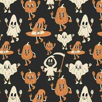 Seamless pattern with halloween 30s cartoon mascot character 40s, 50s, 60s old animation style. Cartoon cheerful halloween masco vector