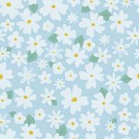 White flowers with leaves on a blue background. Seamless pattern vector