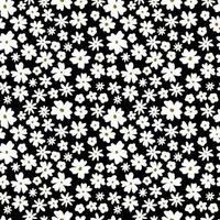 White small flowers with leaves on a black background. Seamless pattern vector