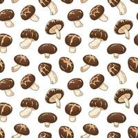 Shiitake wallpaper. Seamless mushroom pattern. Vector food print. Autumn harvest. Healthy food for vegan , vegetarian diet. Fabric design edible alternative protein. Raw gourmet fungus ingredient