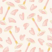 Seamless pattern with rose quartz guasha and Jade scraping massage tool. Roller and natural pink scraper in different shapes. Trendy skin care. Vector flat style background