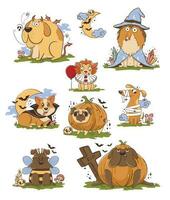 Funny cartoon poro dogs in halloween costumes. Scary funny character for halloween. Vector illustration of pets