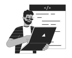 Happy man with laptop bw concept vector spot illustration. Programmer coding 2D cartoon flat line monochromatic character for web UI design. Freelance Editable isolated outline hero image