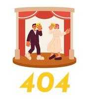 actores en etapa error 404 destello mensaje. baile, interino con comedia y tragedia mascarilla. vacío estado ui diseño. página no encontró surgir dibujos animados imagen. vector plano ilustración concepto en blanco antecedentes