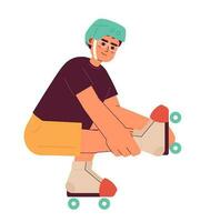 Asian guy doing tricks on roller skate semi flat color vector character. Editable full body man in helmet squat down roller skating on white. Simple cartoon spot illustration for web graphic design