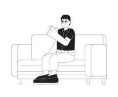 Scolding teacher finger pointing monochromatic flat vector character. Frowning asian man sitting on sofa. Editable thin line person on white. Simple bw cartoon spot image for web graphic design