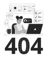 African american girl with many tasks black white error 404 flash message. Remote work. Monochrome empty state ui design. Page not found popup cartoon image. Vector flat outline illustration concept