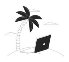 Laptop on beach flat monochrome isolated vector object. Remote work device. Editable black and white line art drawing. Simple outline spot illustration for web graphic design