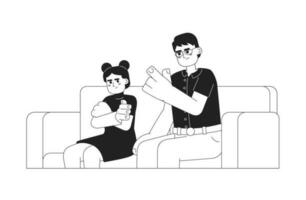 Parent anger to kid monochromatic flat vector characters. Strict asian father wagging finger to daughter. Editable thin line people on white. Simple bw cartoon spot image for web graphic design