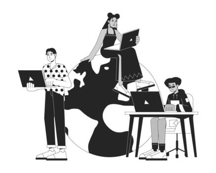 Ability to work everywhere bw concept vector spot illustration. Freelancers remote work 2D cartoon flat line monochromatic characters for web UI design. Editable isolated outline hero image