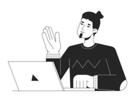 Caucasian man talking with laptop flat line black white vector character. Editable outline half body person. Virtual meeting simple cartoon isolated spot illustration for web graphic design