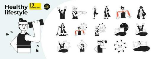 Healthy lifestyle monochrome concept vector spot illustrations bundle. Daily sport routine 2D flat bw cartoon characters for web UI design. Isolated editable hand drawn hero image collection