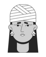 Unhappy woman with trauma monochrome flat linear character head. Wrapped head. Editable outline hand drawn human face icon. 2D cartoon spot vector avatar illustration for animation