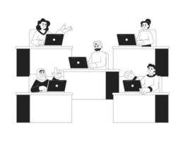 Multiracial people at office 2D vector monochrome isolated spot illustrations. Workers sitting at desks flat hand drawn characters on white background. Office work editable outline cartoon scene