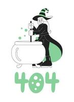 Happy halloween witch black white error 404 flash message. Wicked witch cauldron. Monochrome empty state ui design. Page not found popup cartoon image. Vector flat outline illustration concept