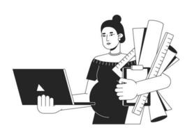 Woman with laptop, rulers, drawings bw concept vector spot illustration. Pregnant architect 2D cartoon flat line monochromatic character for web UI design. Editable isolated outline hero image