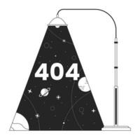 Lamppost light planets galaxy black white error 404 flash message. Moon stars streetlamp. Monochrome empty state ui design. Page not found popup cartoon image. Vector flat outline illustration concept