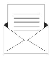 Letter in opened envelope flat monochrome isolated vector object. Exchange messages. Editable black and white line art drawing. Simple outline spot illustration for web graphic design