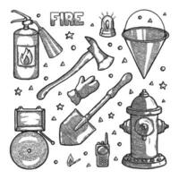 bombero, bombero equipo, Clásico alarma fuego sirena o alarma, retro bosquejo elementos me gusta casco, extintor, hacha, y pala. grabado estilo vector