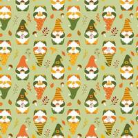 Seamless pattern with cute autumn gnomes holding mushroom, leaves, twigs. Backdrop of forest dwarfs for wrapping paper, wallpaper, textile. Cartoon vector characters on light green background